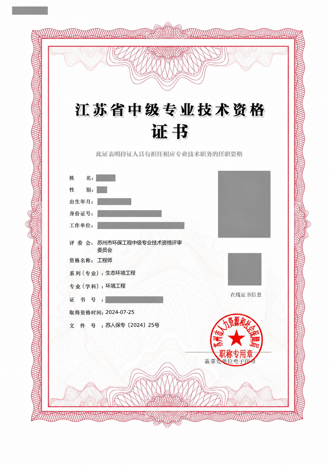 苏州生态环境工程 · 环境工程中级工程师真实证书脱敏样例